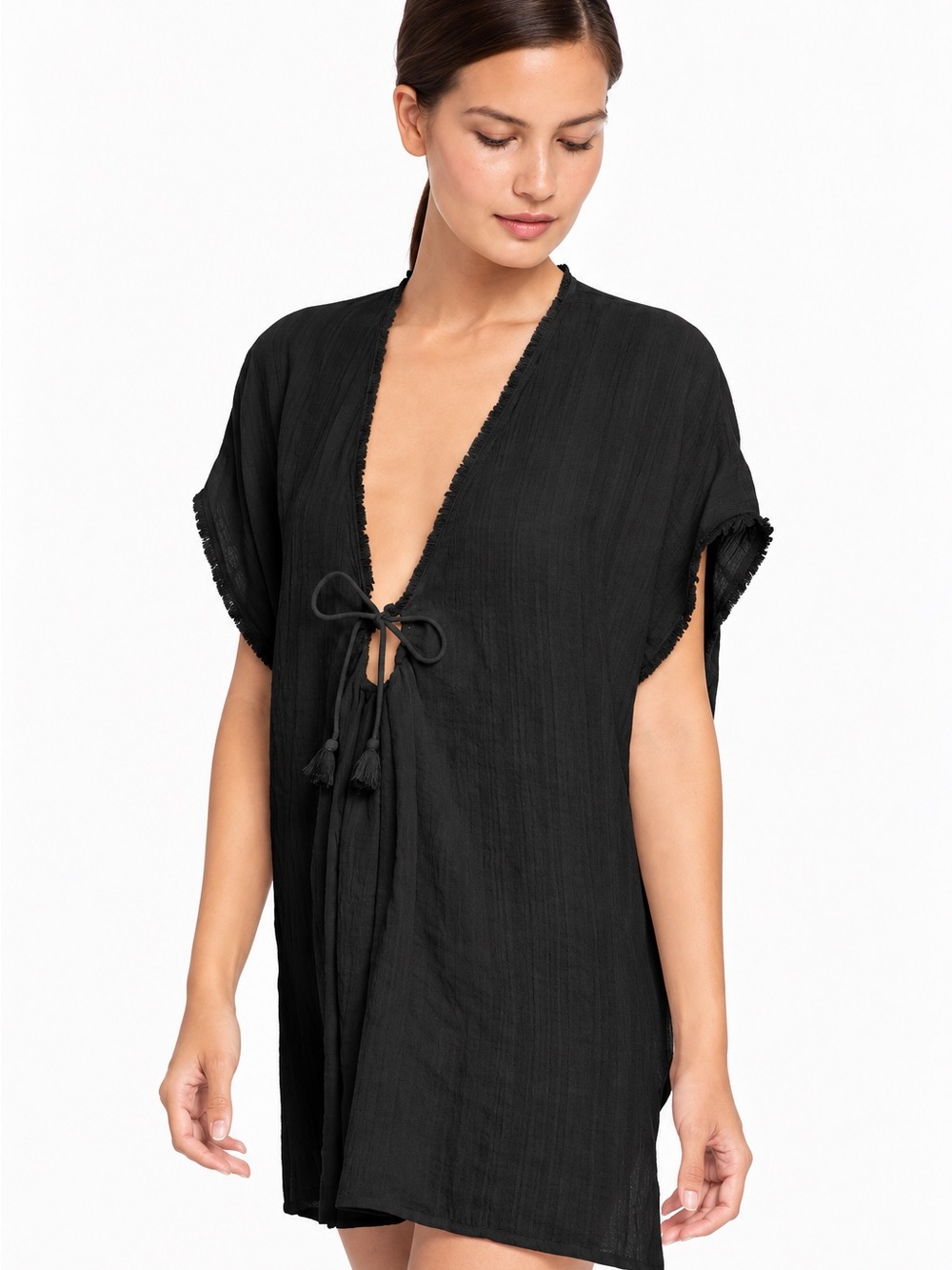Robin Piccone Michelle Fringe Tunic Cover Up Black Size M